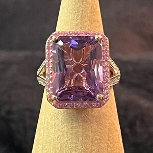 RADIANT CUT PREMIUM ROSE DE FRANCE AMETHYST, PINK SAPPHIRE, ZIRCON HALO RING 7